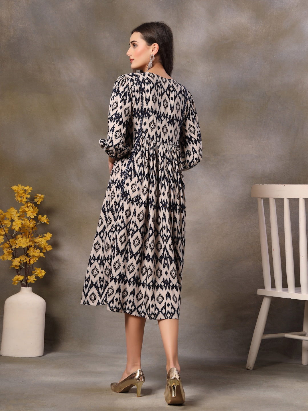 Blue Ikkat Printed Rayon Flared Dress