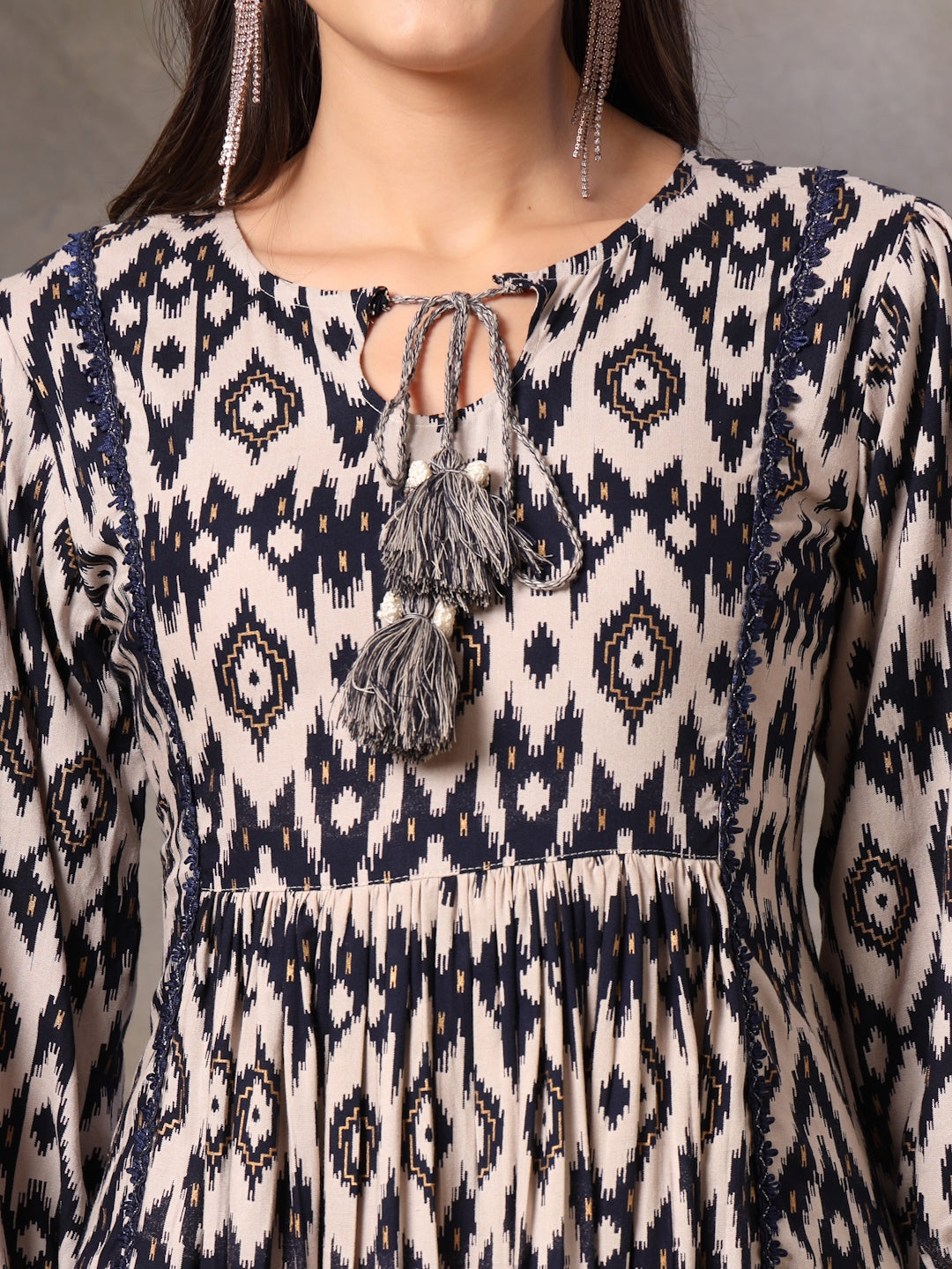 Blue Ikkat Printed Rayon Flared Dress