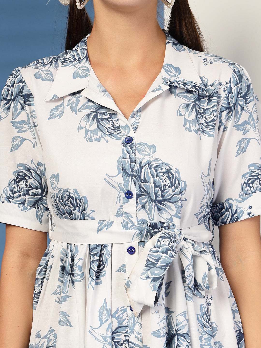 Blue Floral Printed Cotton Flared Dress