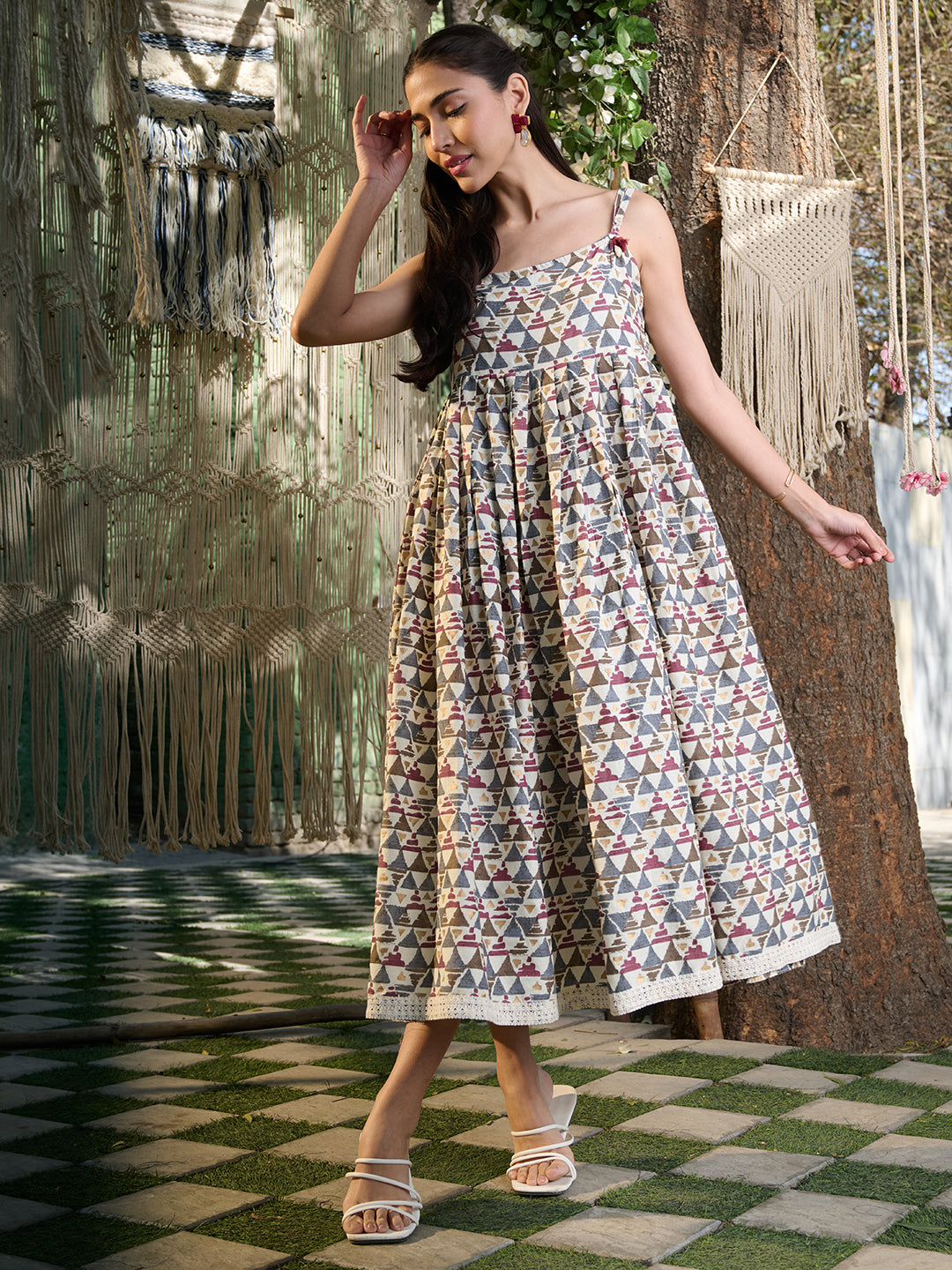 Brown Printed Cotton Pleated Dress