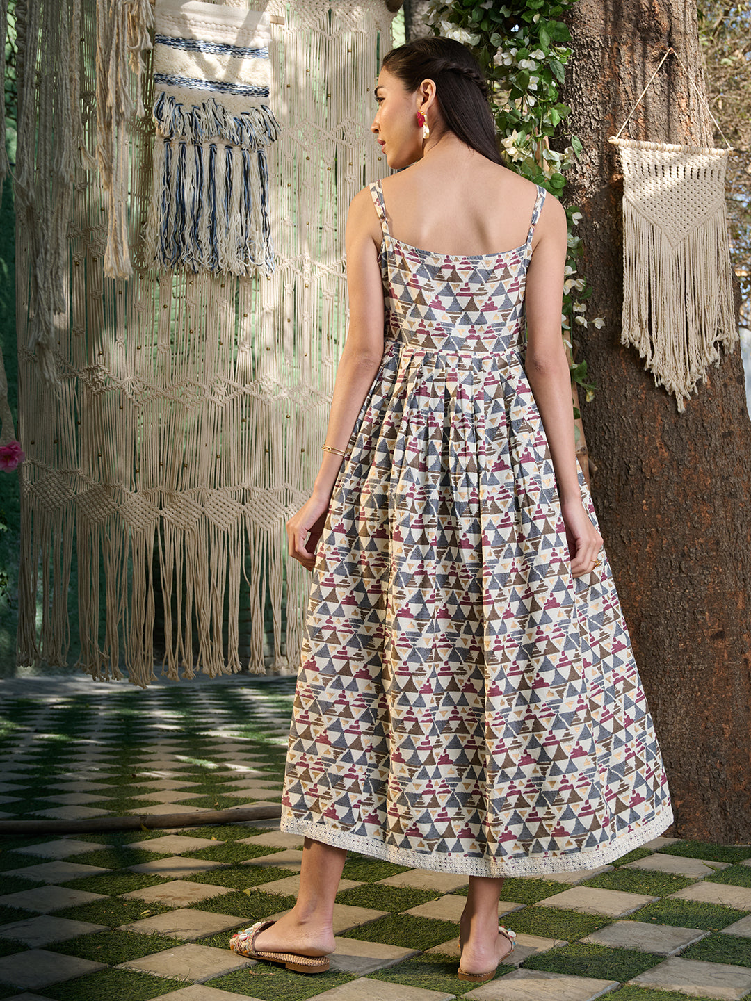 Brown Printed Cotton Pleated Dress