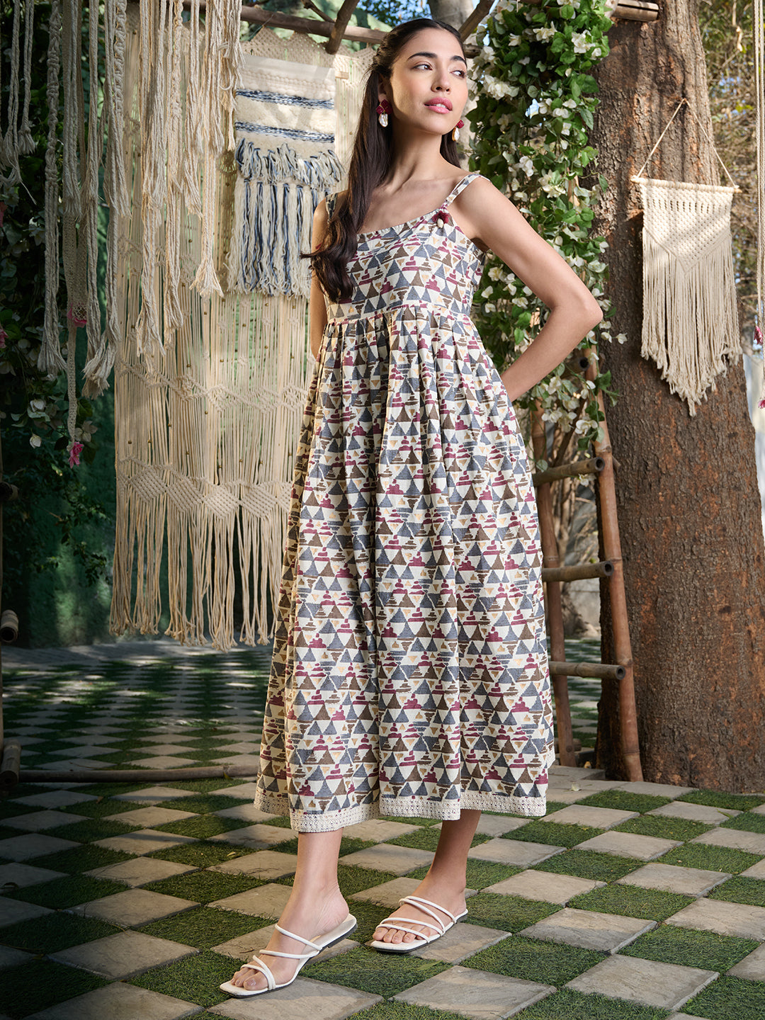 Brown Printed Cotton Pleated Dress