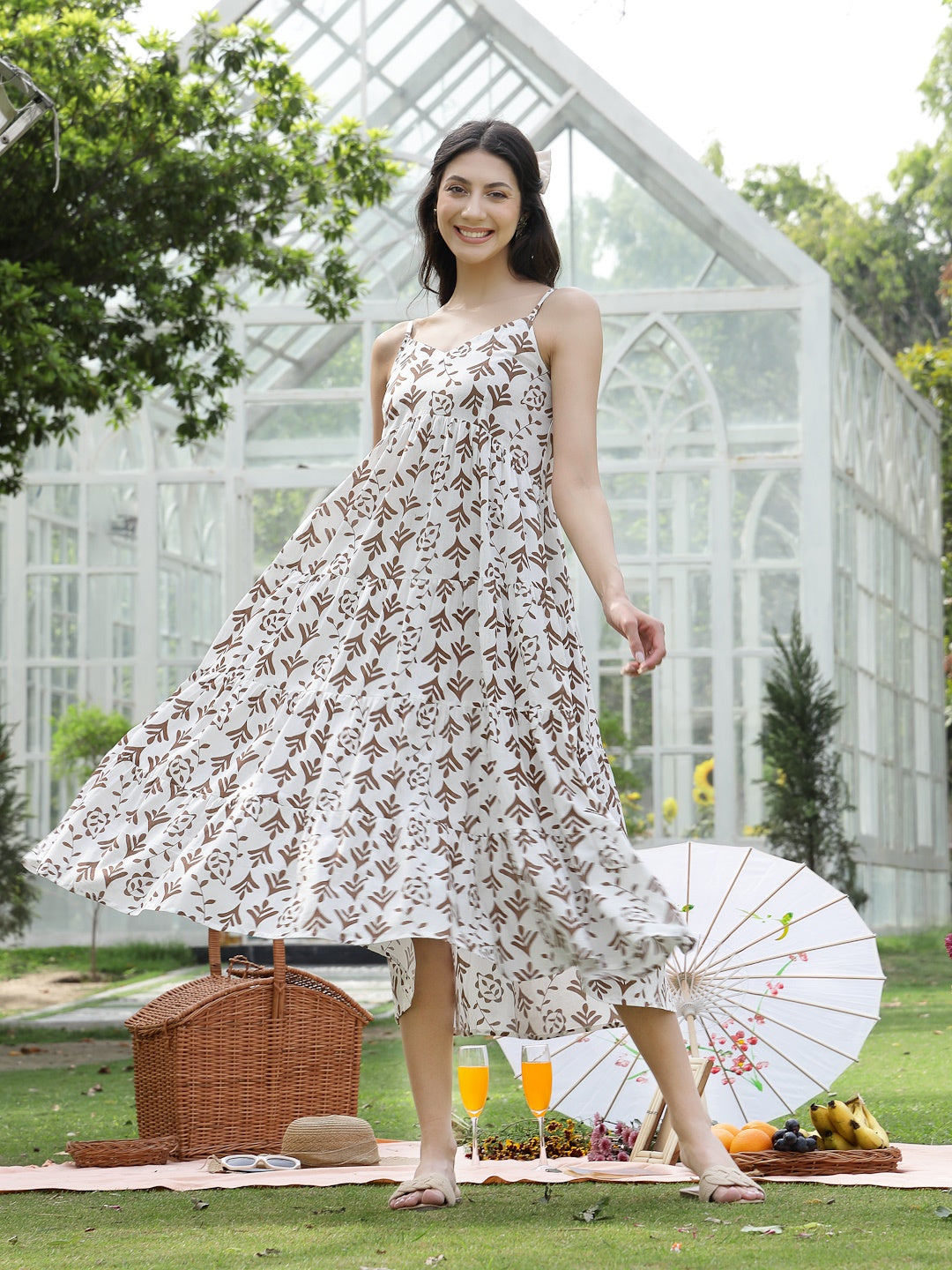 Brown Printed Cotton Flared Dress