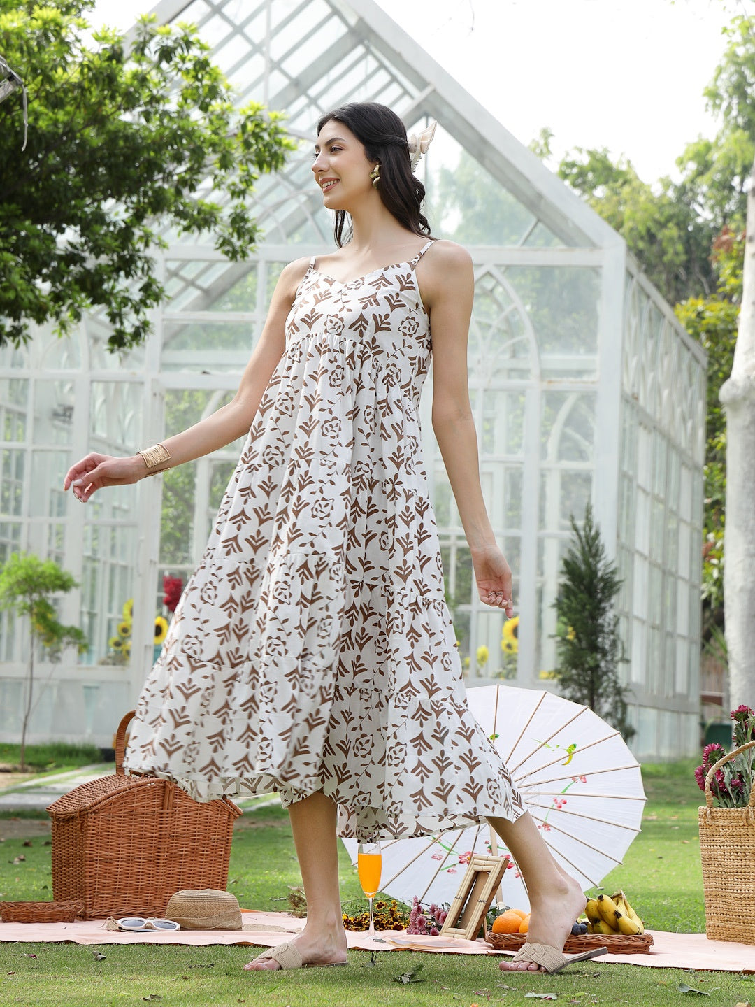 Brown Printed Cotton Flared Dress
