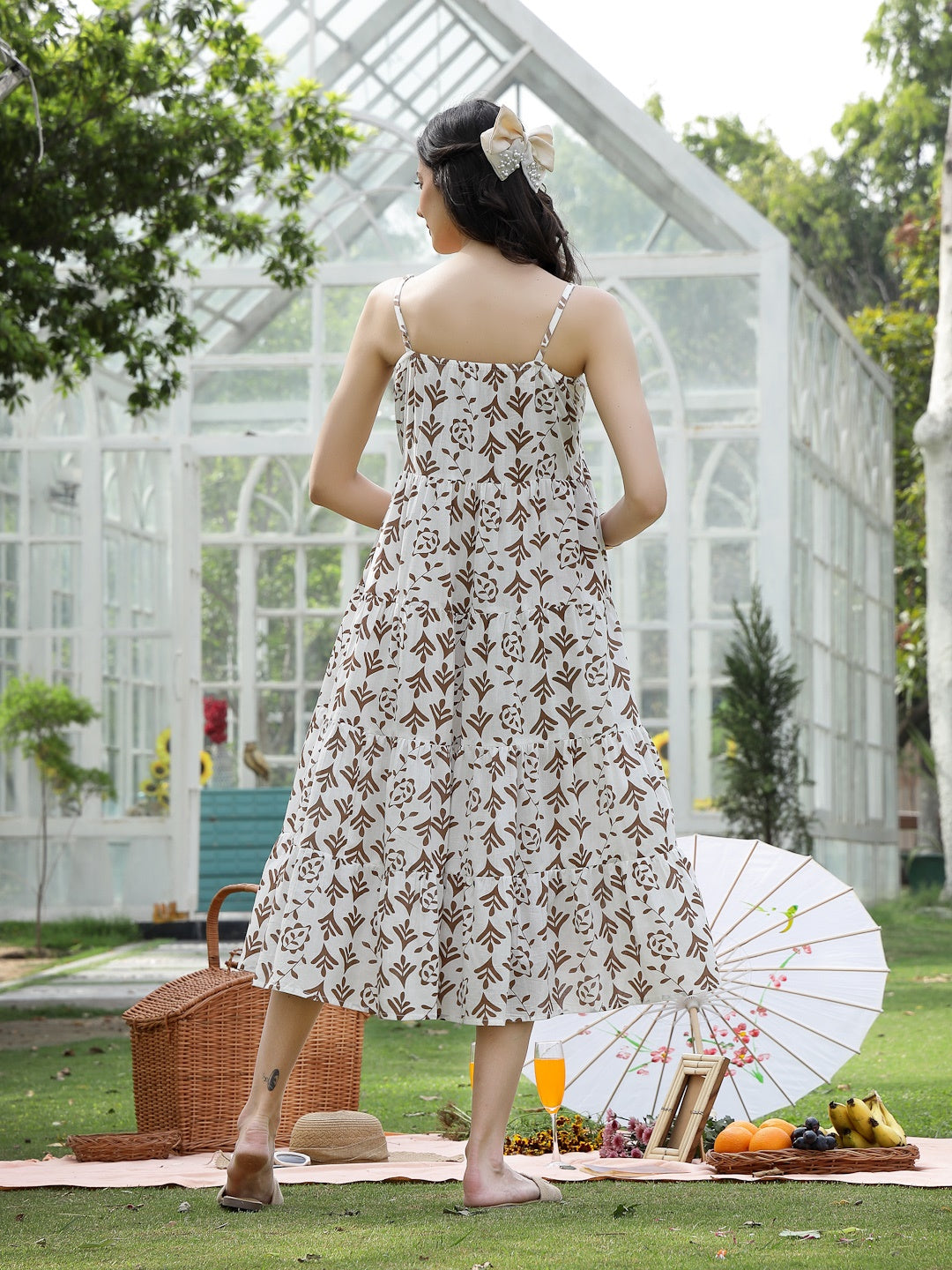Brown Printed Cotton Flared Dress