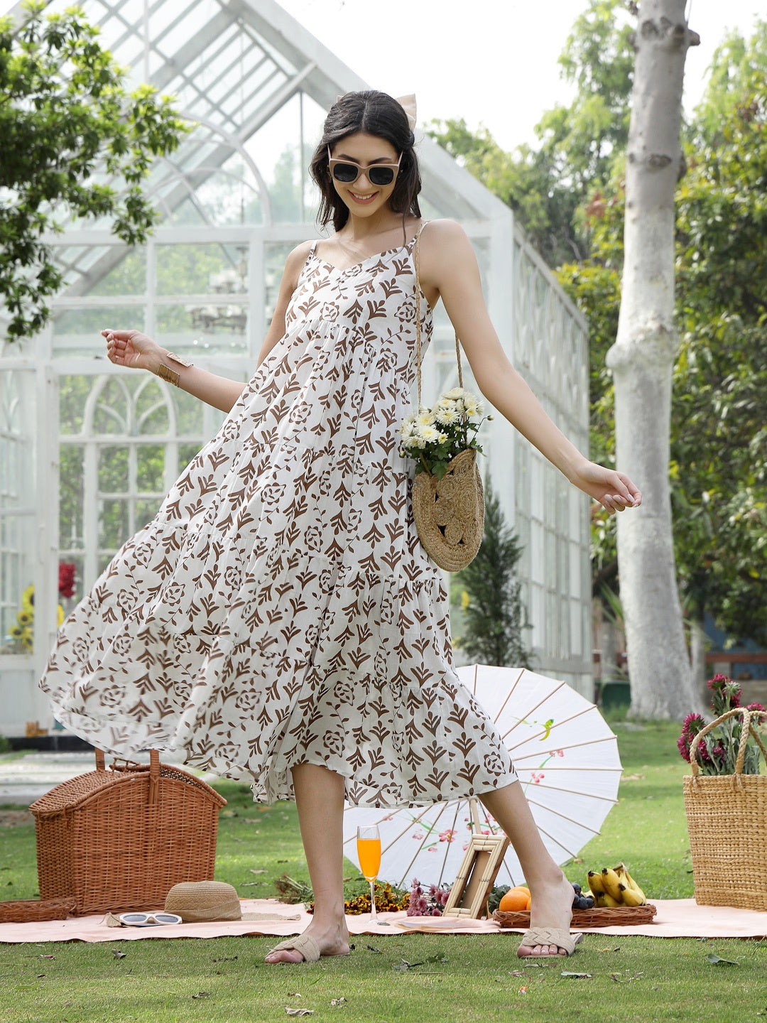Brown Printed Cotton Flared Dress
