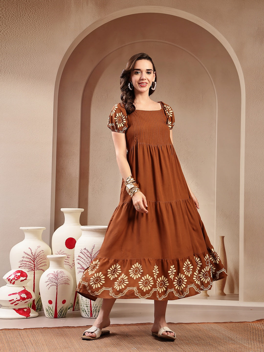 Brown Solid Rayon Tiered Dress