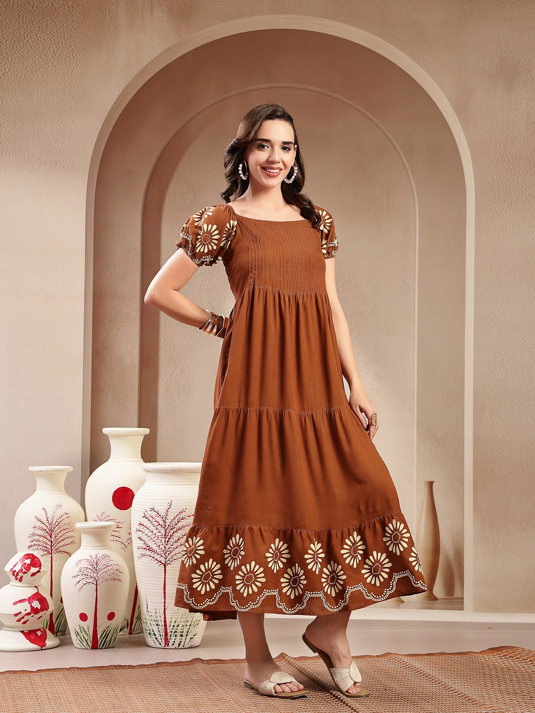 Brown Solid Rayon Tiered Dress