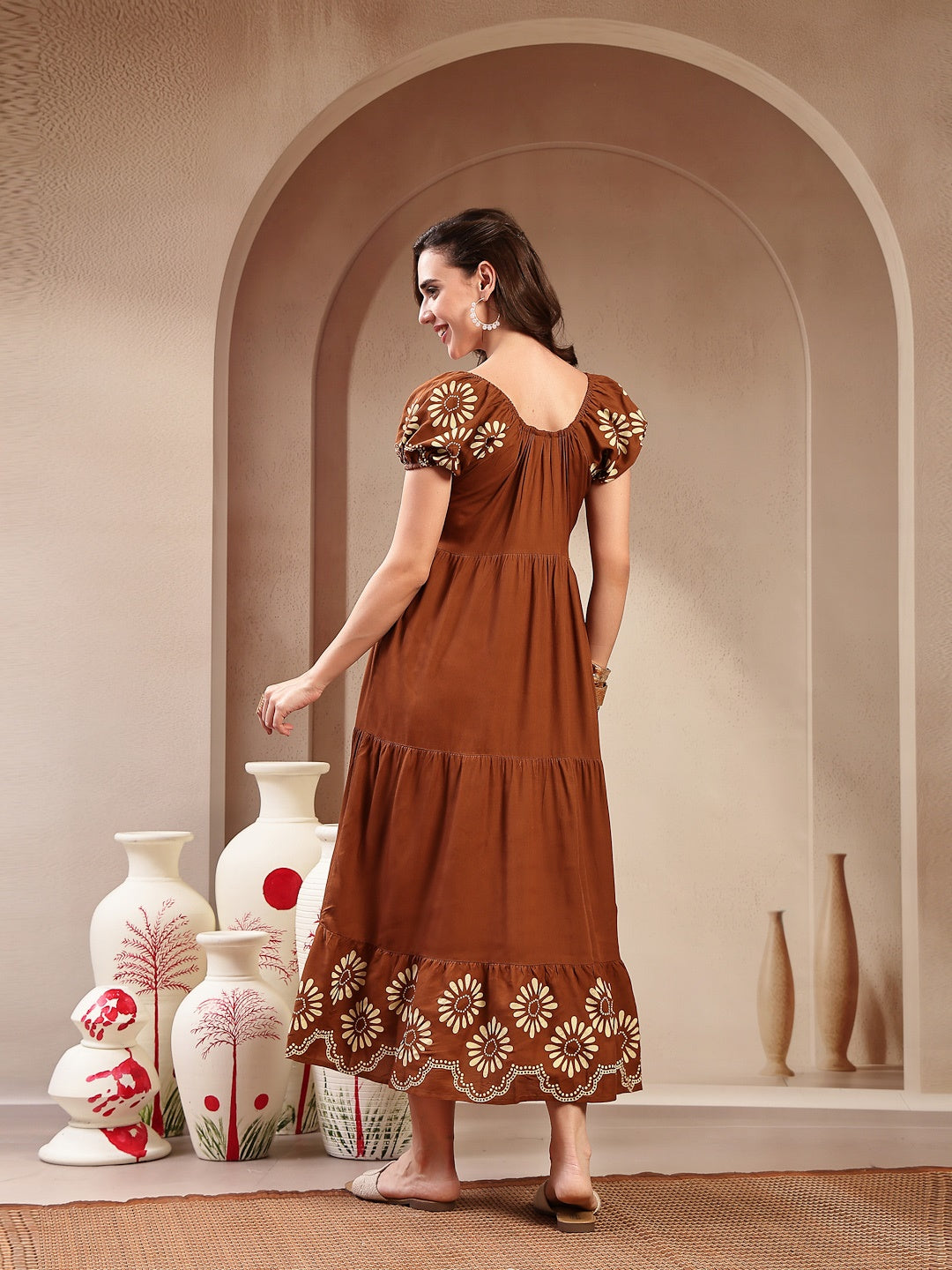 Brown Solid Rayon Tiered Dress