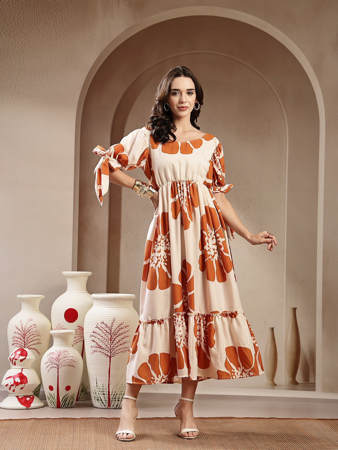 Brown Floral Printed Rayon Tiered Dress