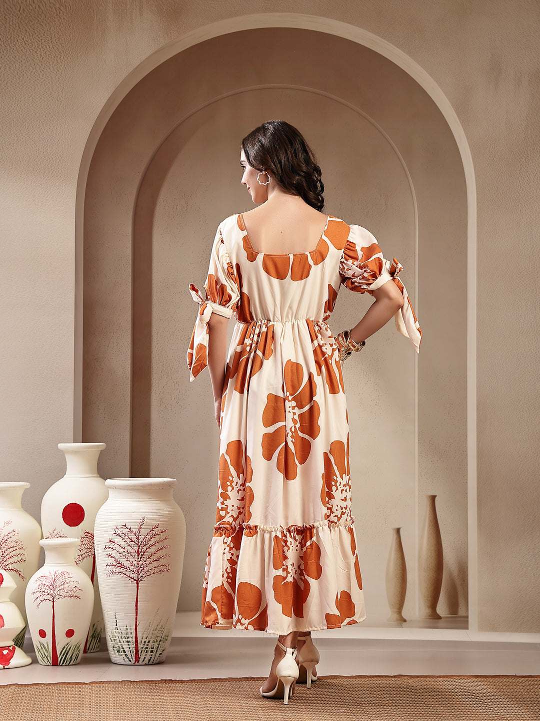 Brown Floral Printed Rayon Tiered Dress