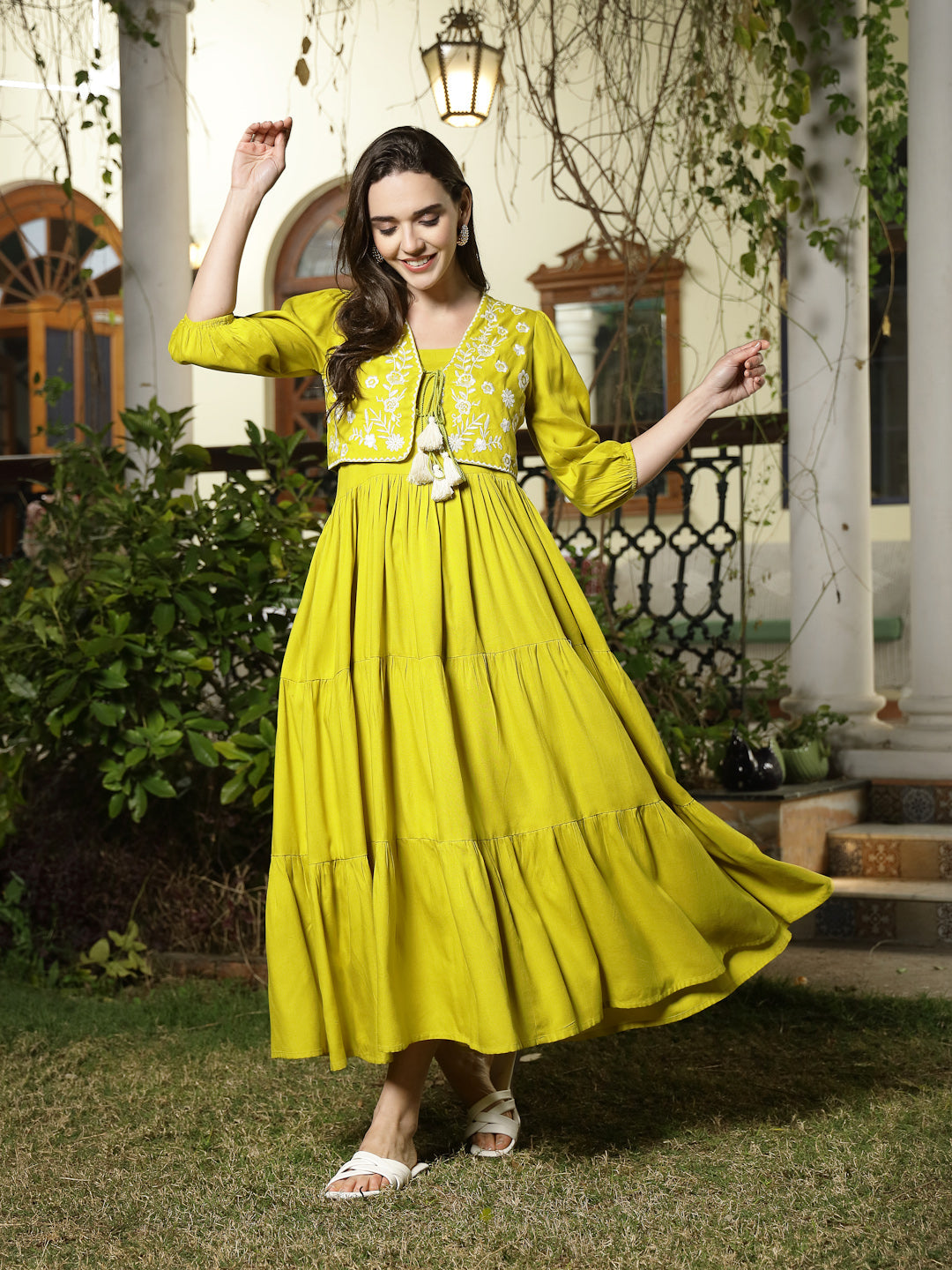 Corn Solid & Embroidered Rayon Tiered Dress with Jacket