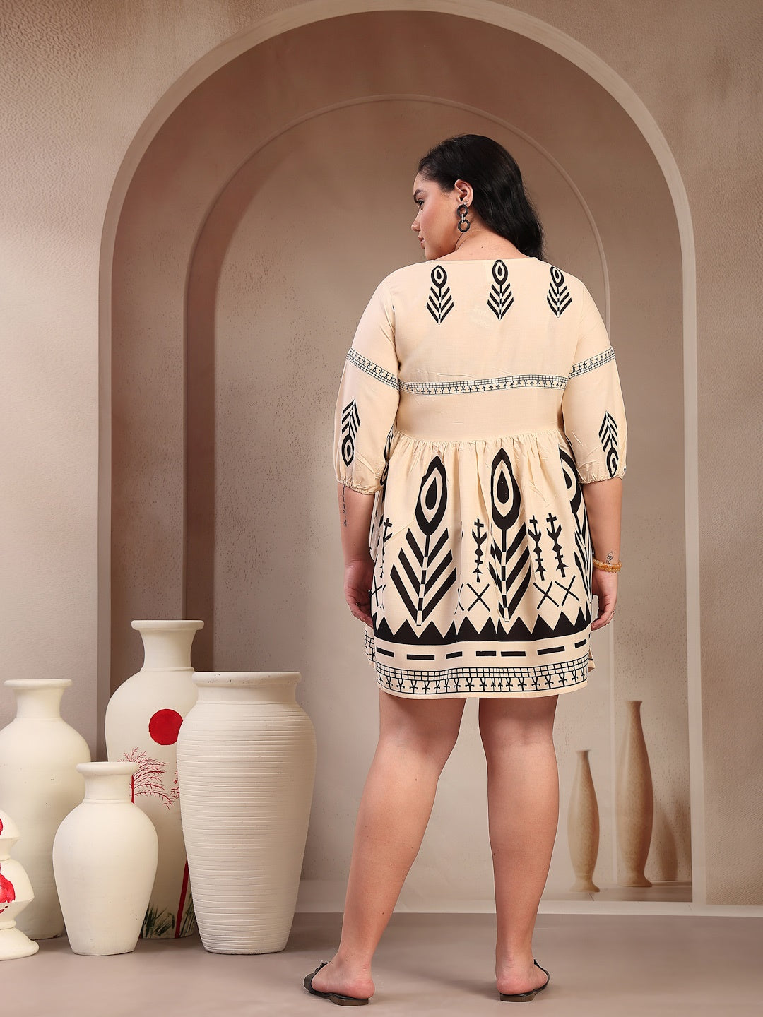 Plus Size Off White Printed Rayon Flared Dress (Pre-Order)