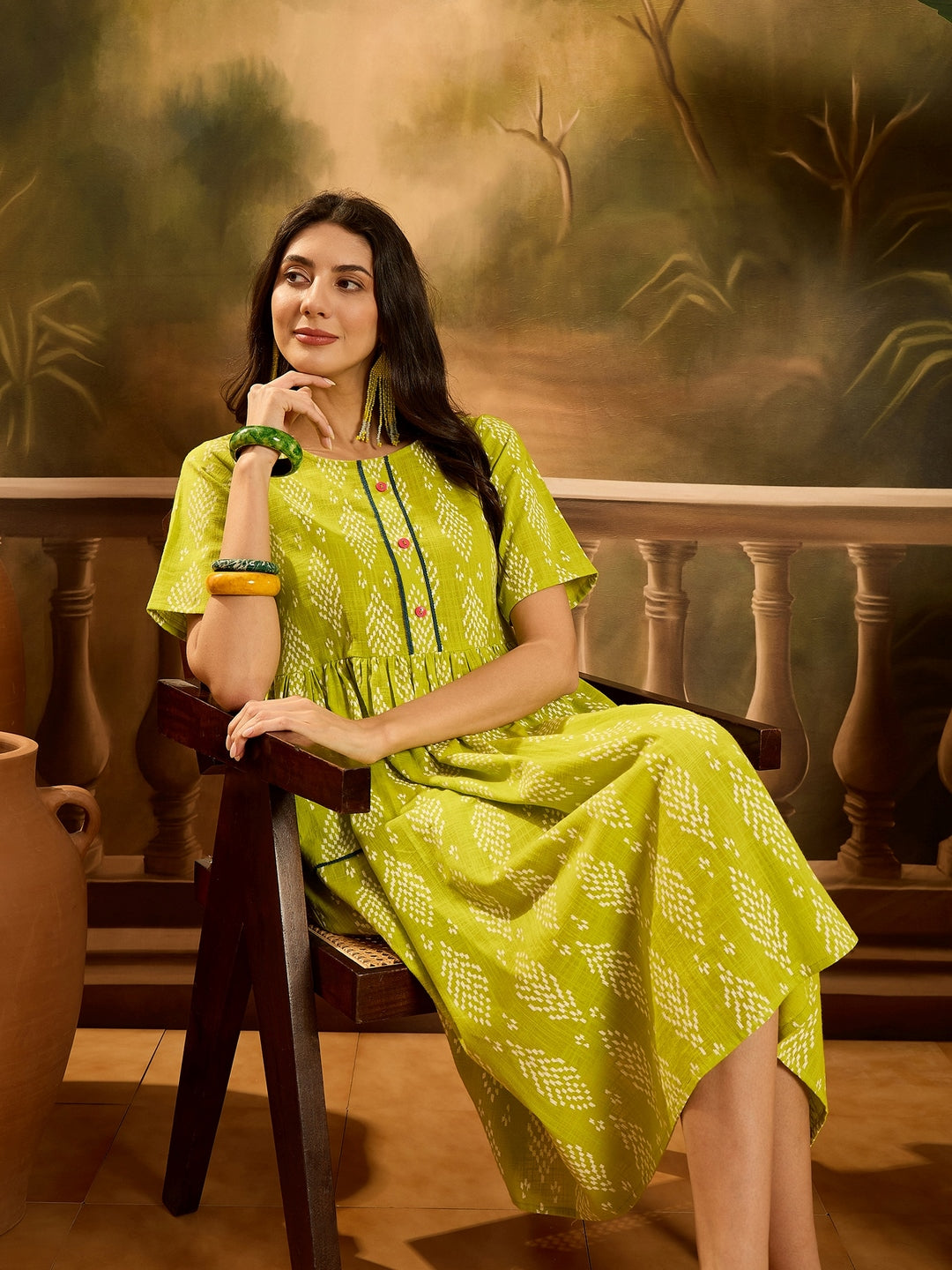 Green Printed Cotton A-Line Dress