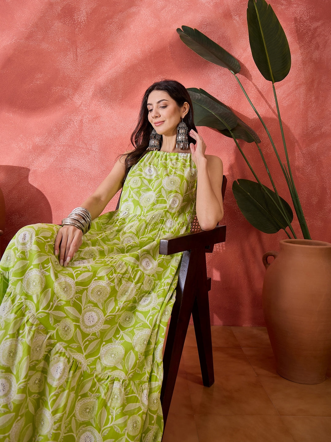 Green Floral Printed Rayon Strappy Tiered Dress