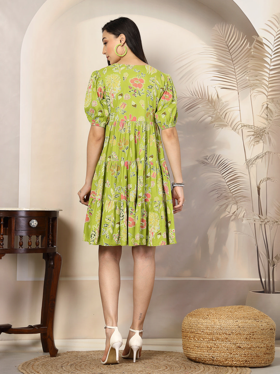 Green Tropical Printed Rayon Tiered Dress