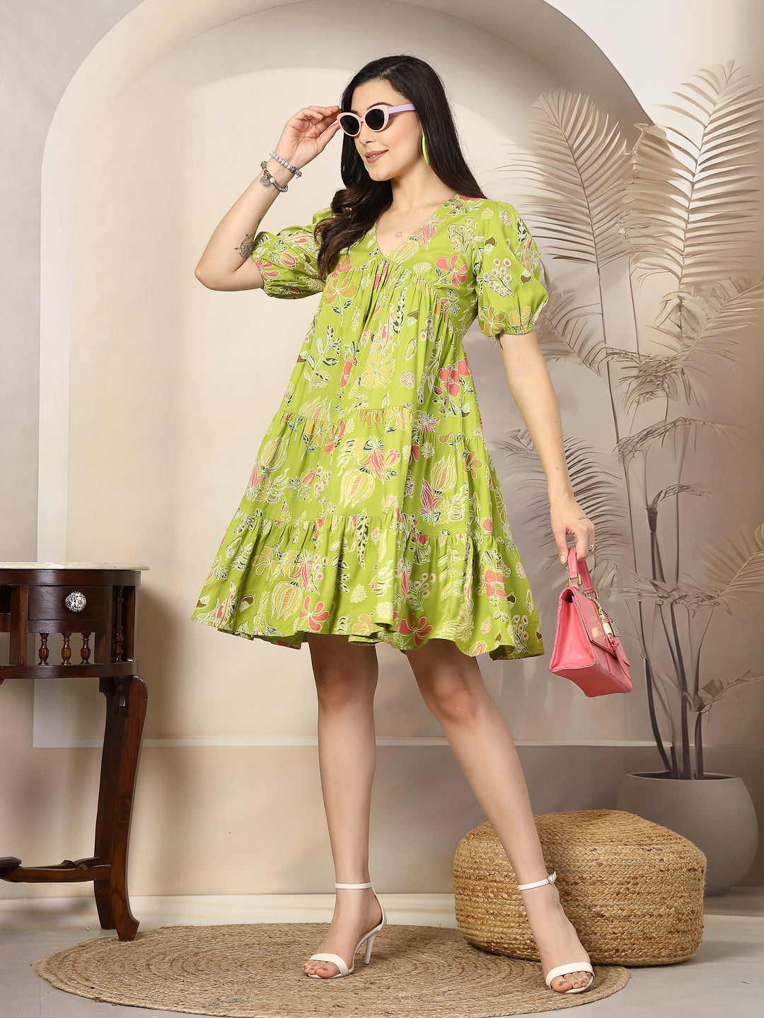 Green Tropical Printed Rayon Tiered Dress