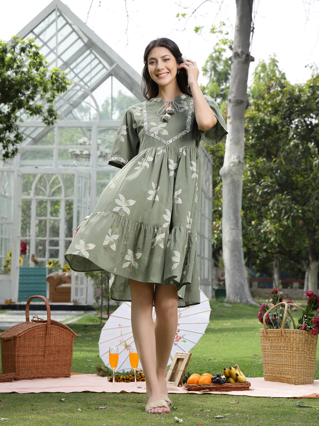Green Floral Printed & Embroidered Cotton Flared Dress