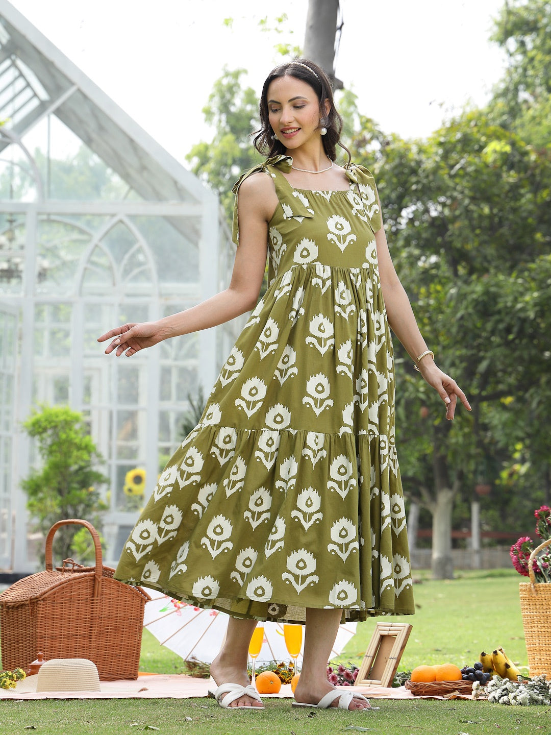 Olive Green Floral Printed Cotton A-Line Dress