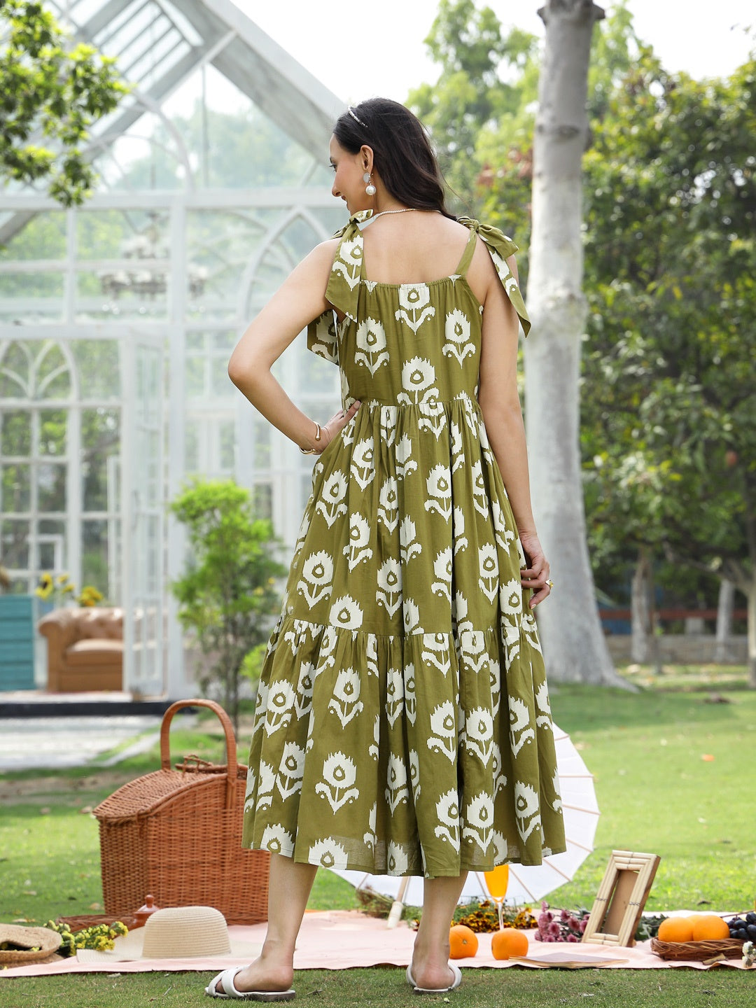 Olive Green Floral Printed Cotton A-Line Dress