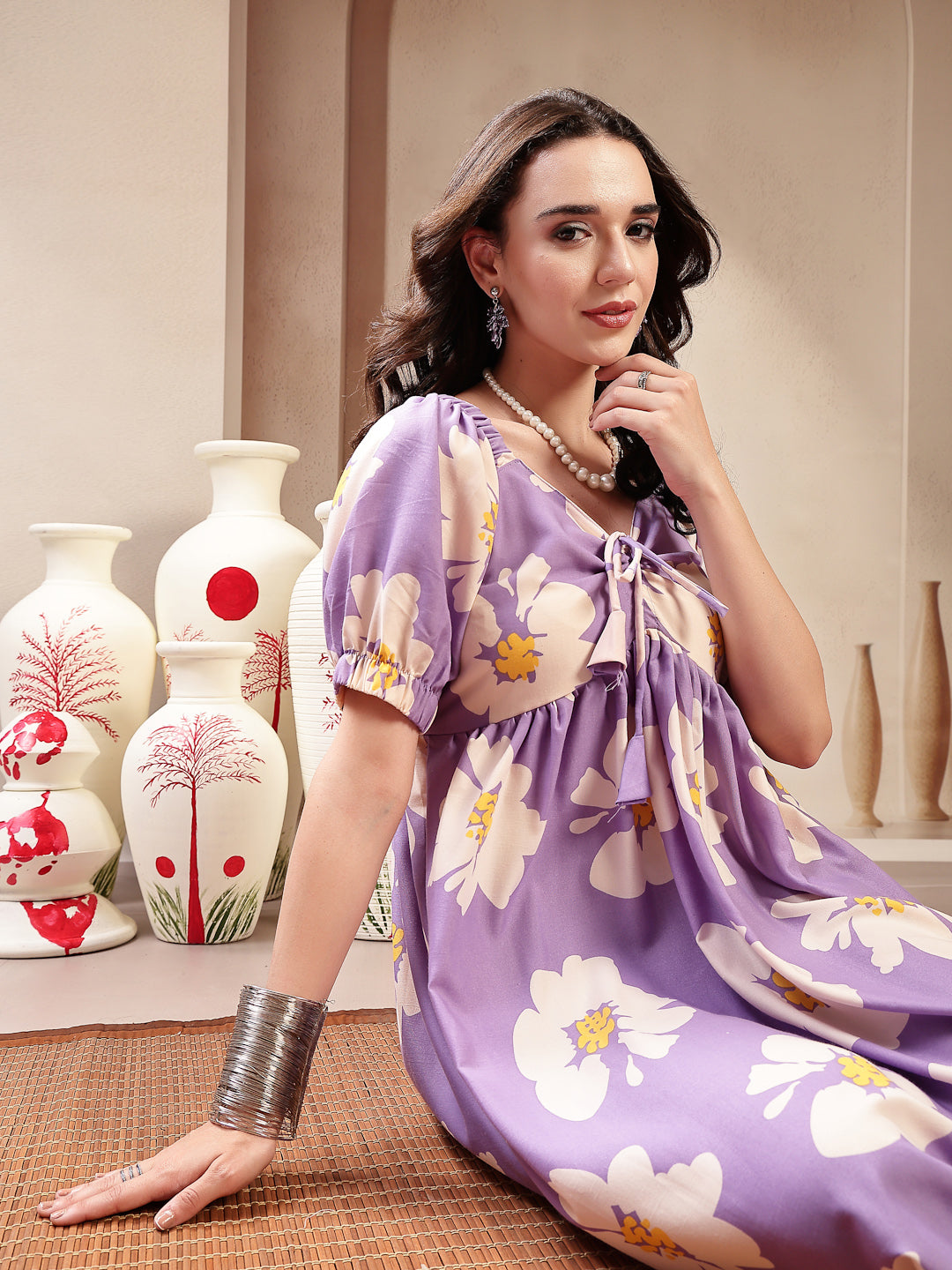Lavender Floral Printed Rayon Flared Dress