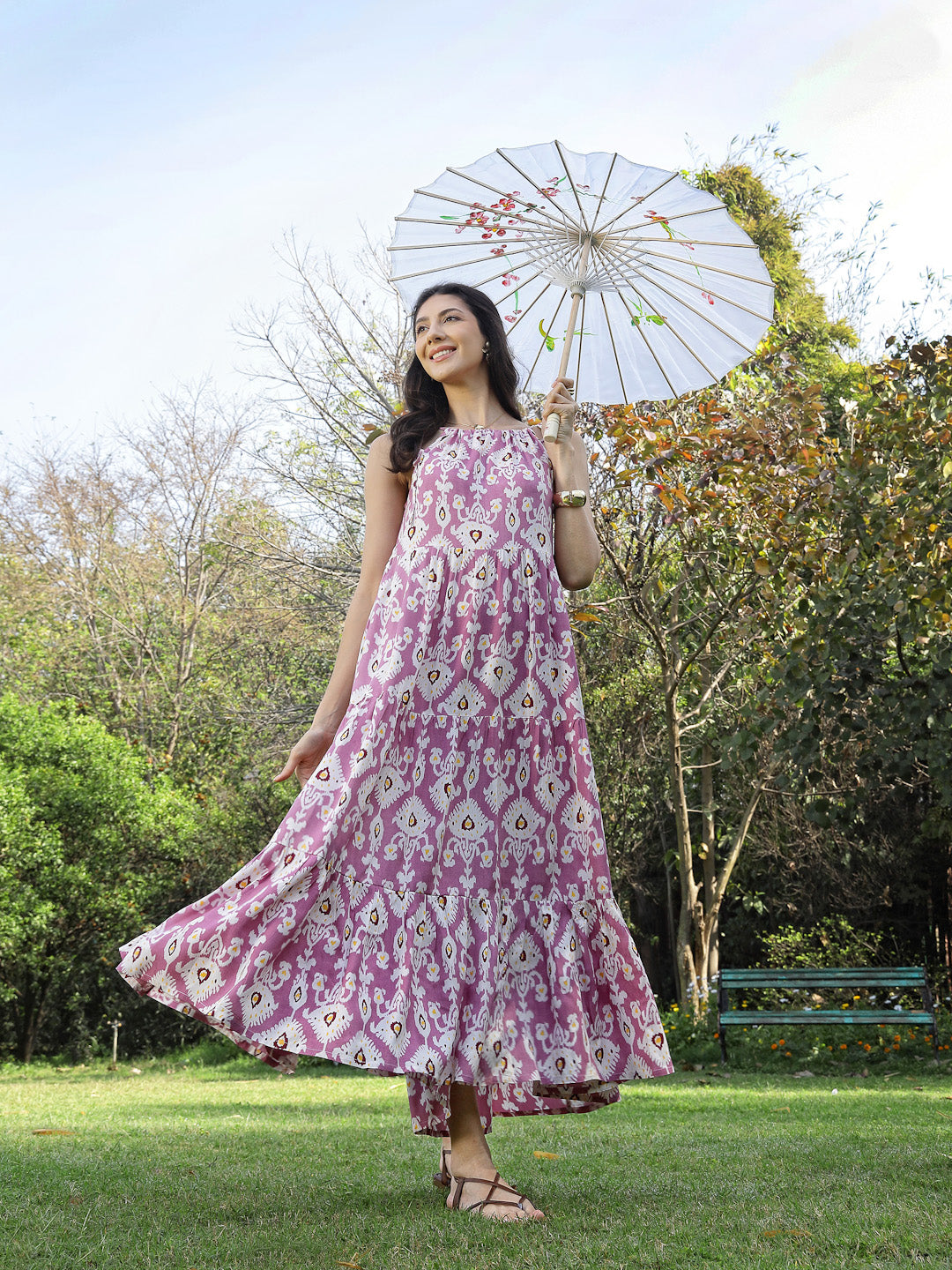 Lavender Ikat Printed Rayon Tiered Dress