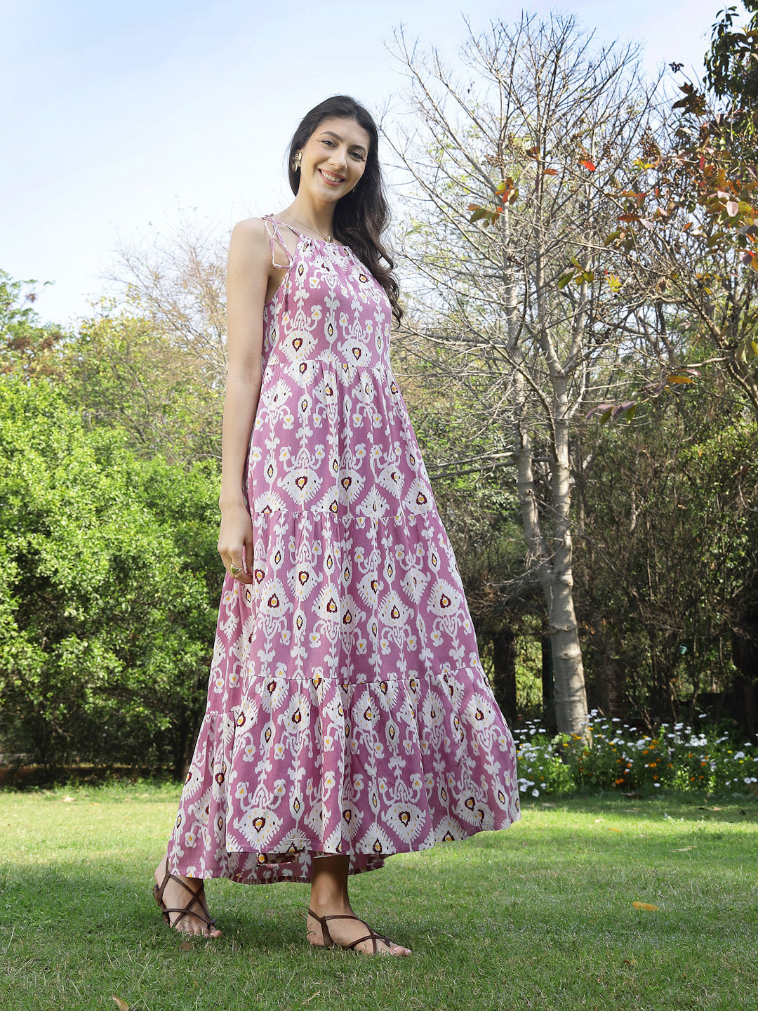 Lavender Ikat Printed Rayon Tiered Dress