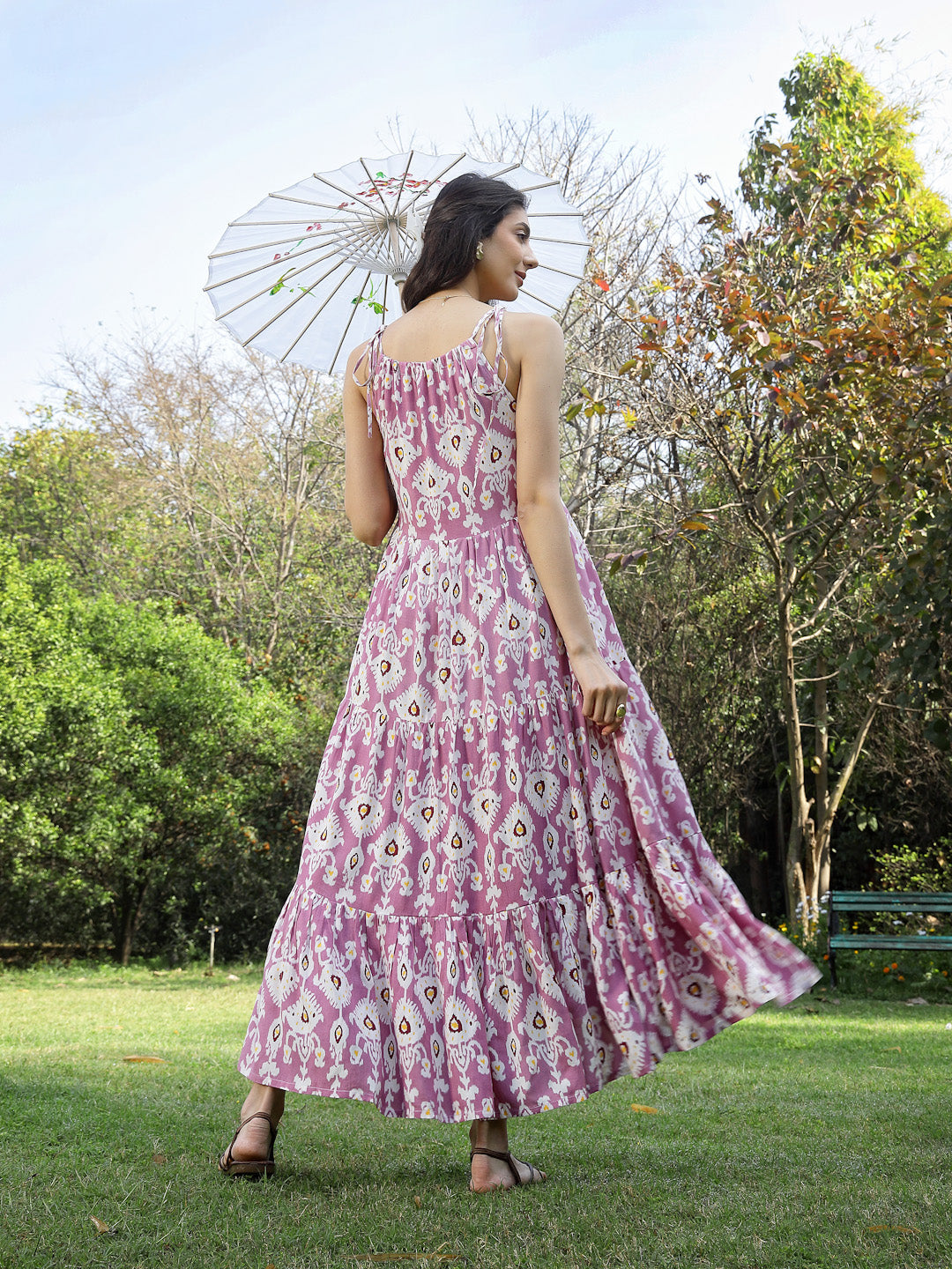 Lavender Ikat Printed Rayon Tiered Dress