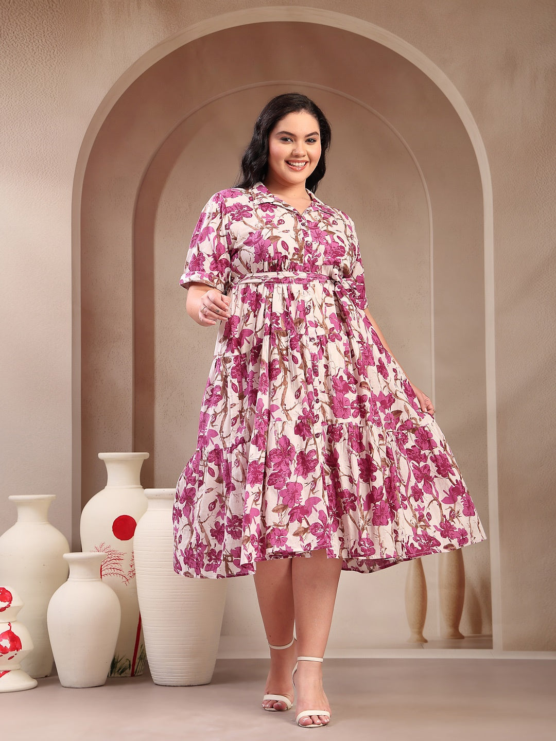 Plus Size Magenta Floral Printed Cotton Flared Dress