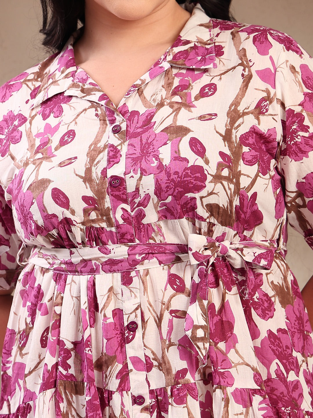 Plus Size Magenta Floral Printed Cotton Flared Dress