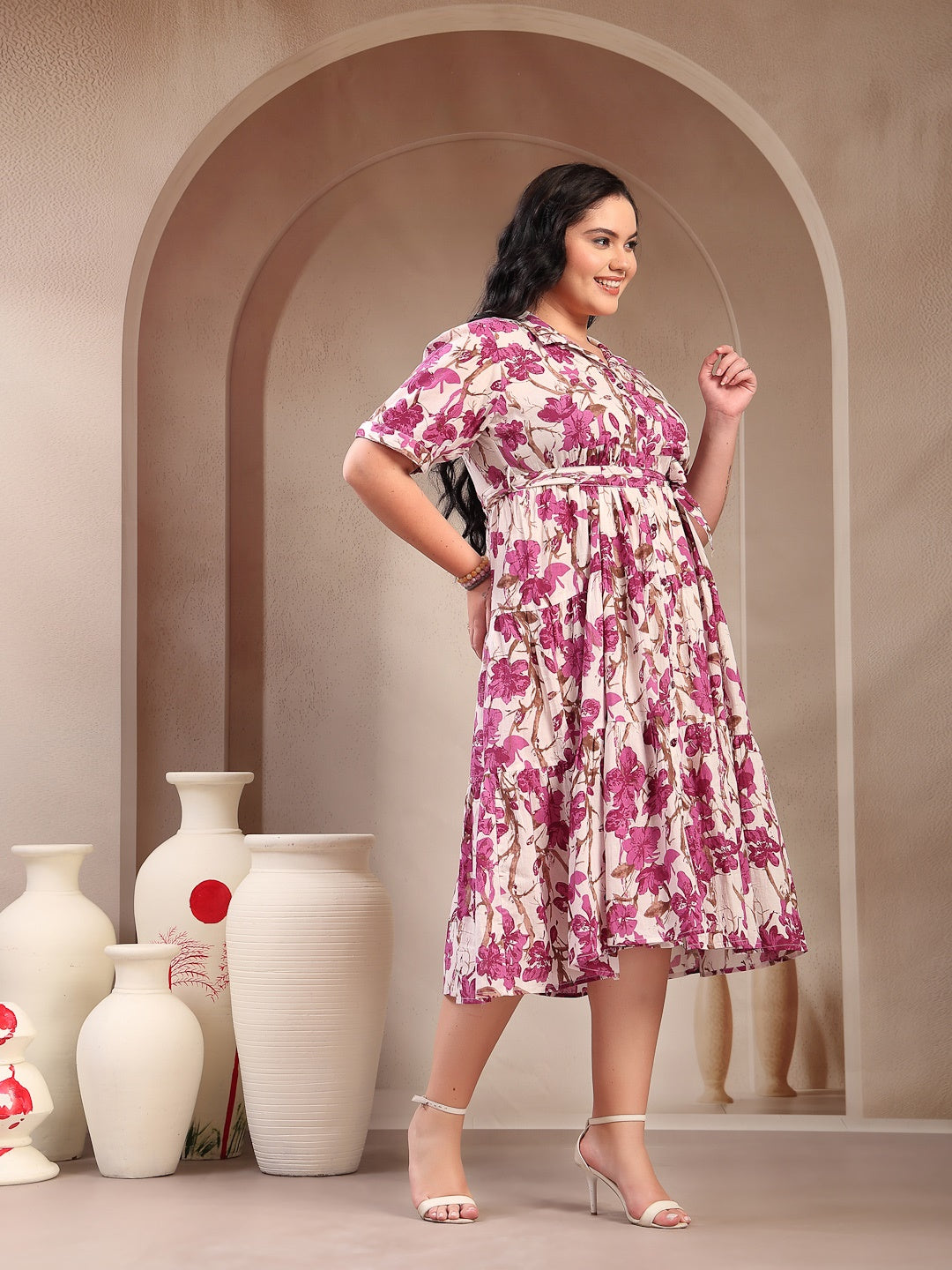 Plus Size Magenta Floral Printed Cotton Flared Dress