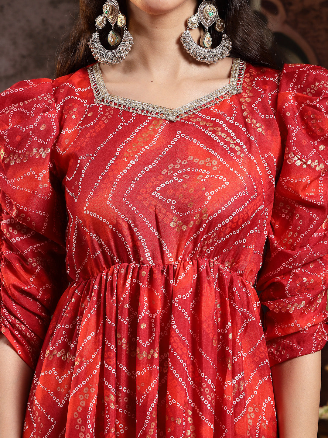 Red Bandhej Printed Rayon Tiered Dress