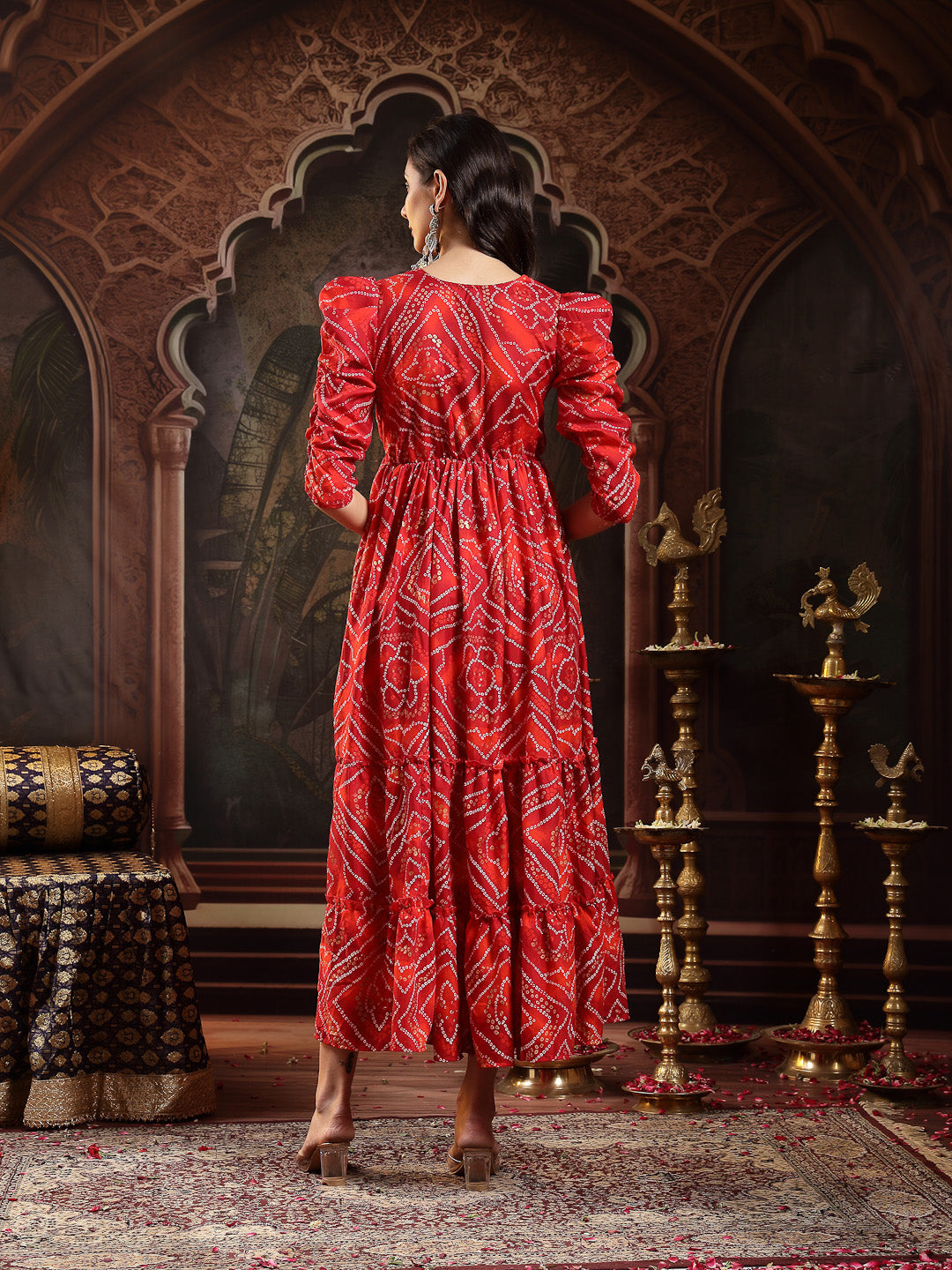 Red Bandhej Printed Rayon Tiered Dress