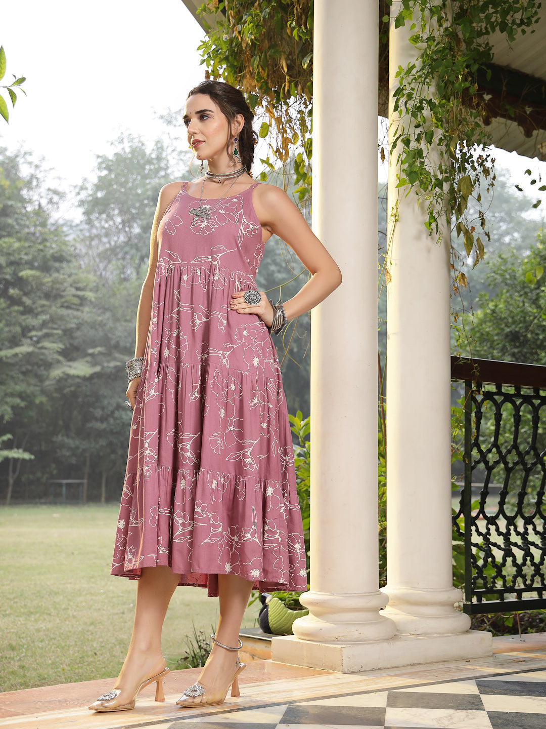 Mauve Floral Printed Rayon Tiered Dress