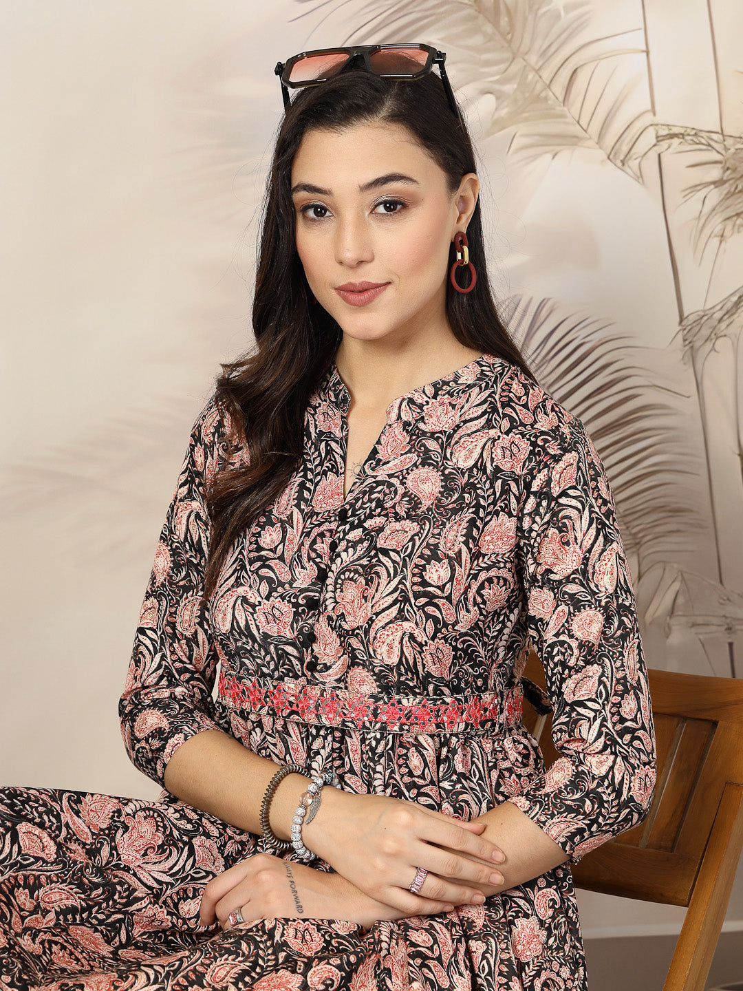 Black Paisly Printed Rayon A-Line Belted Dress