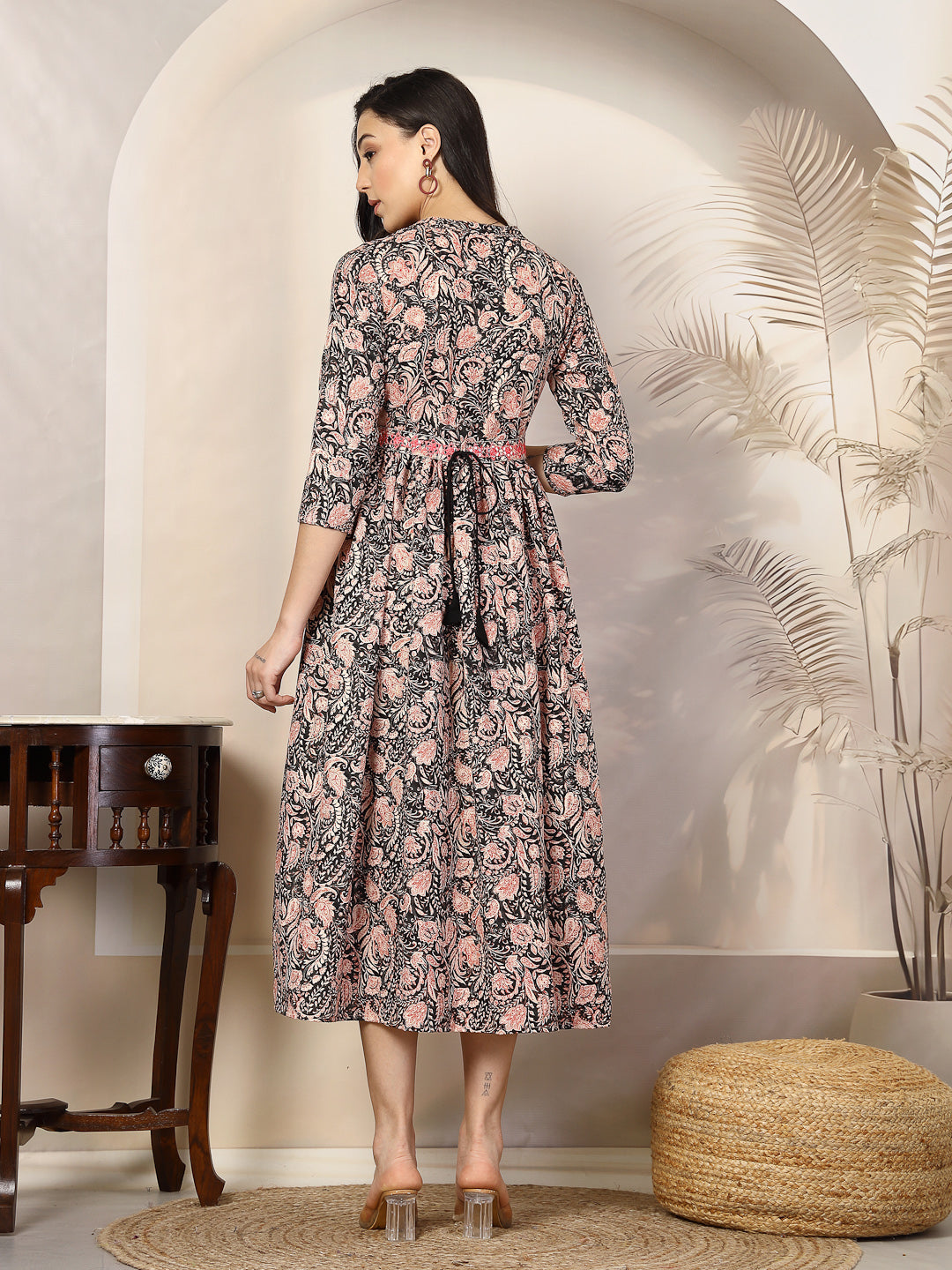 Black Paisly Printed Rayon A-Line Belted Dress