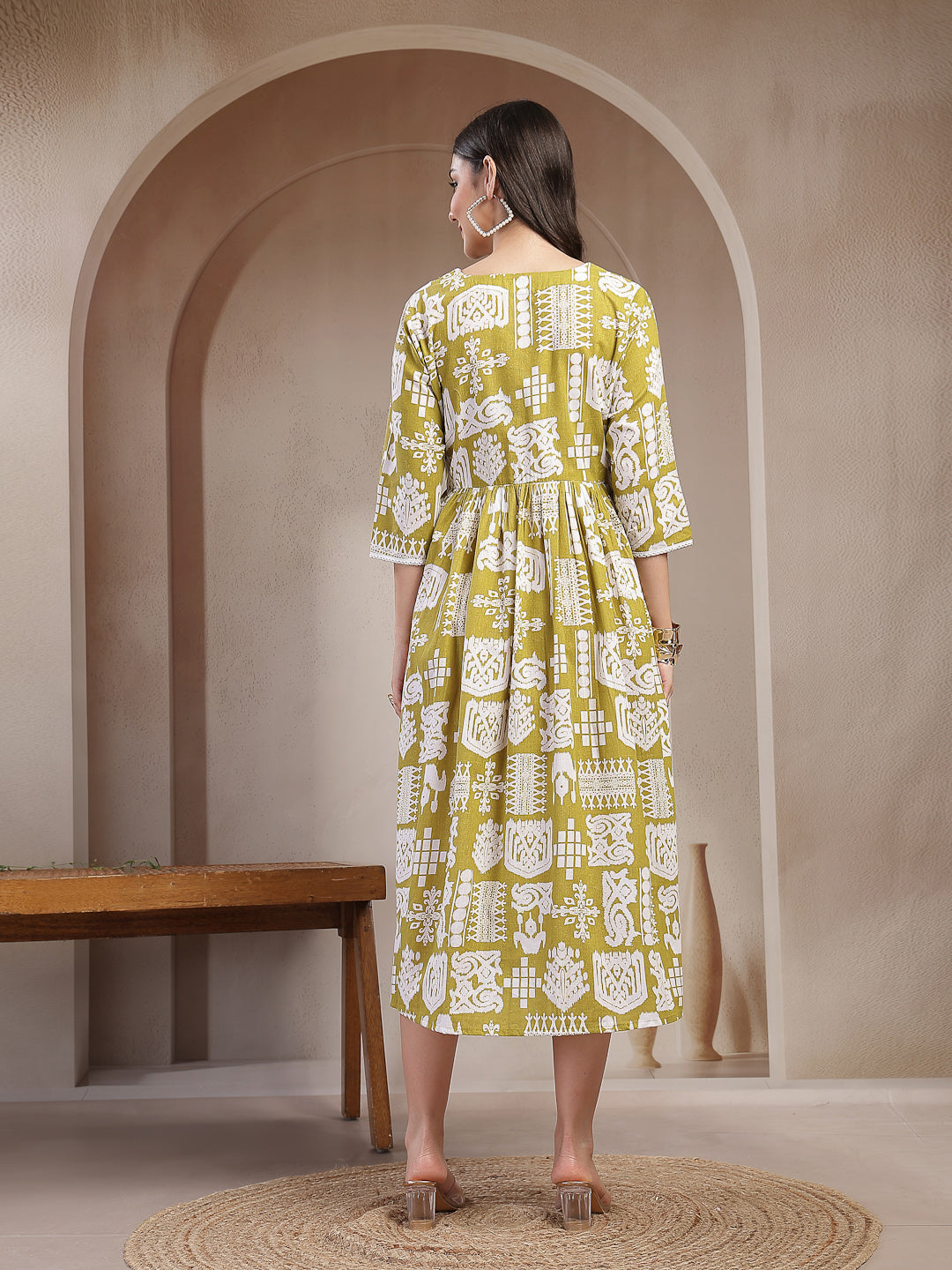 Mustard Ikat Printed Cotton Flared Dress