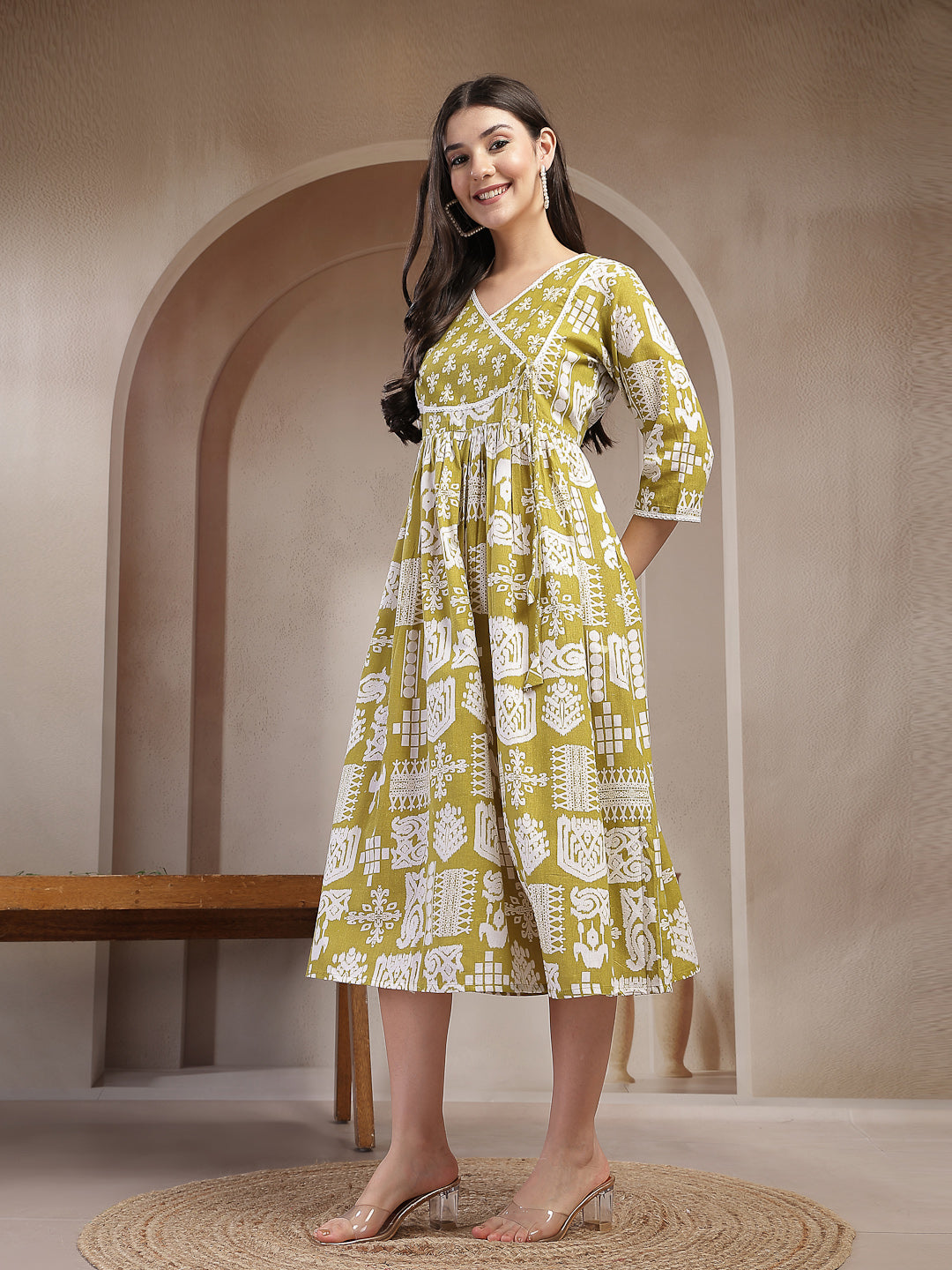 Mustard Ikat Printed Cotton Flared Dress