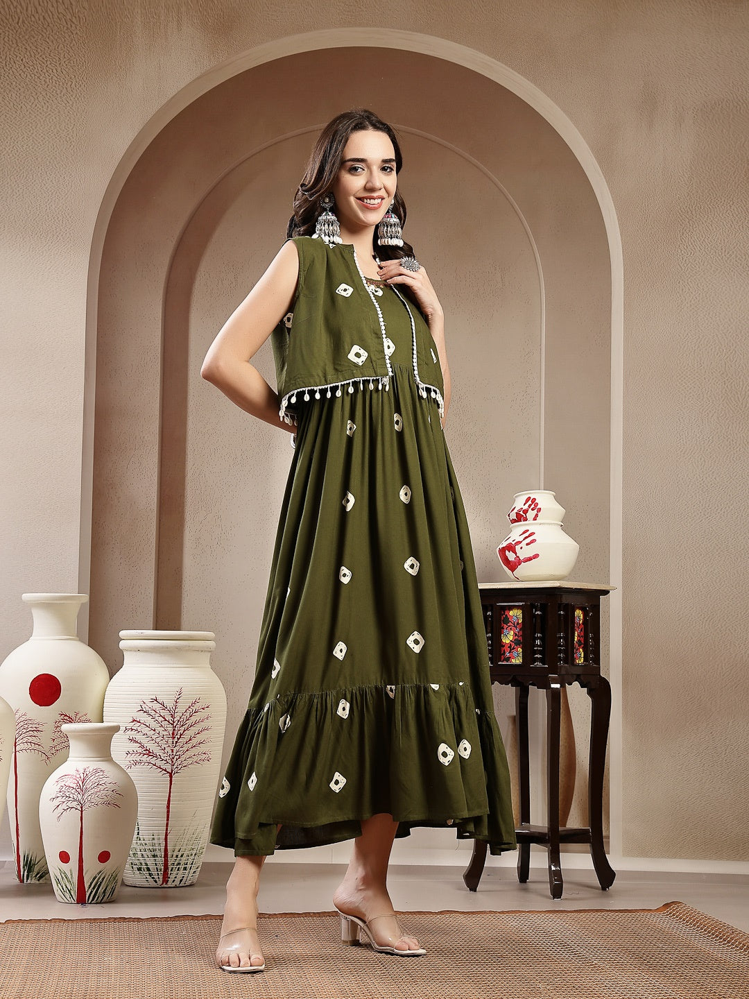 Green Bhandej Printed Rayon Tiered Dress With Ethnic Jacket