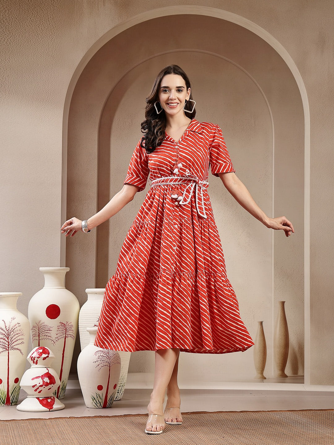 Orange Leheriya Printed Cotton Tiered Dress
