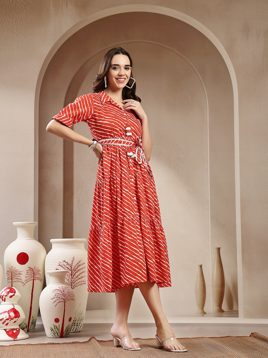 Orange Leheriya Printed Cotton Tiered Dress