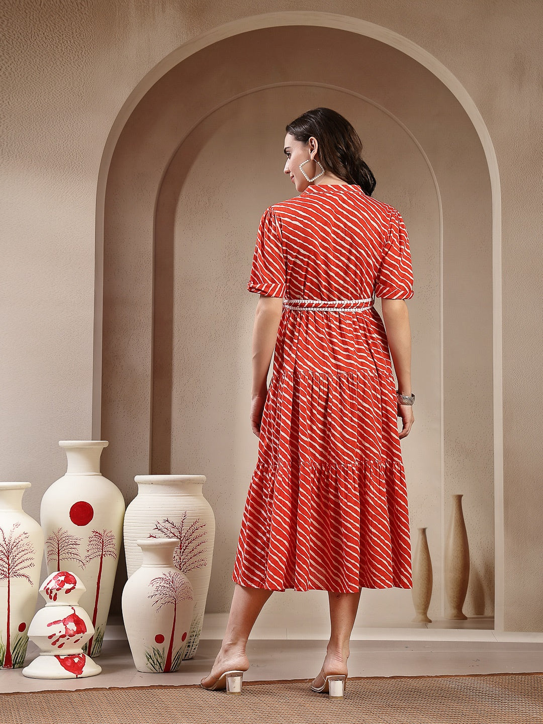 Orange Leheriya Printed Cotton Tiered Dress