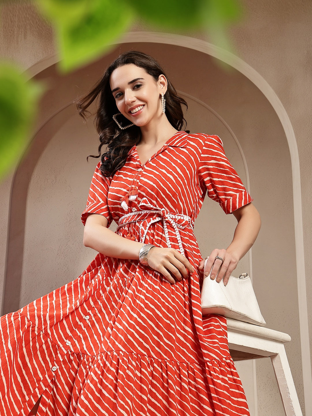 Orange Leheriya Printed Cotton Tiered Dress