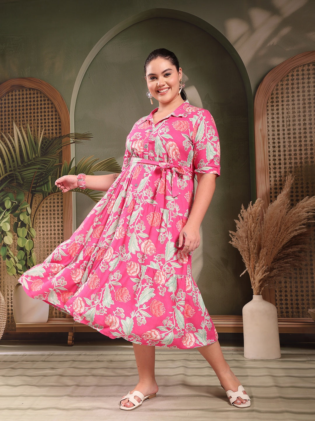 Plus Size Pink Floral Printed Rayon Tiered Dress