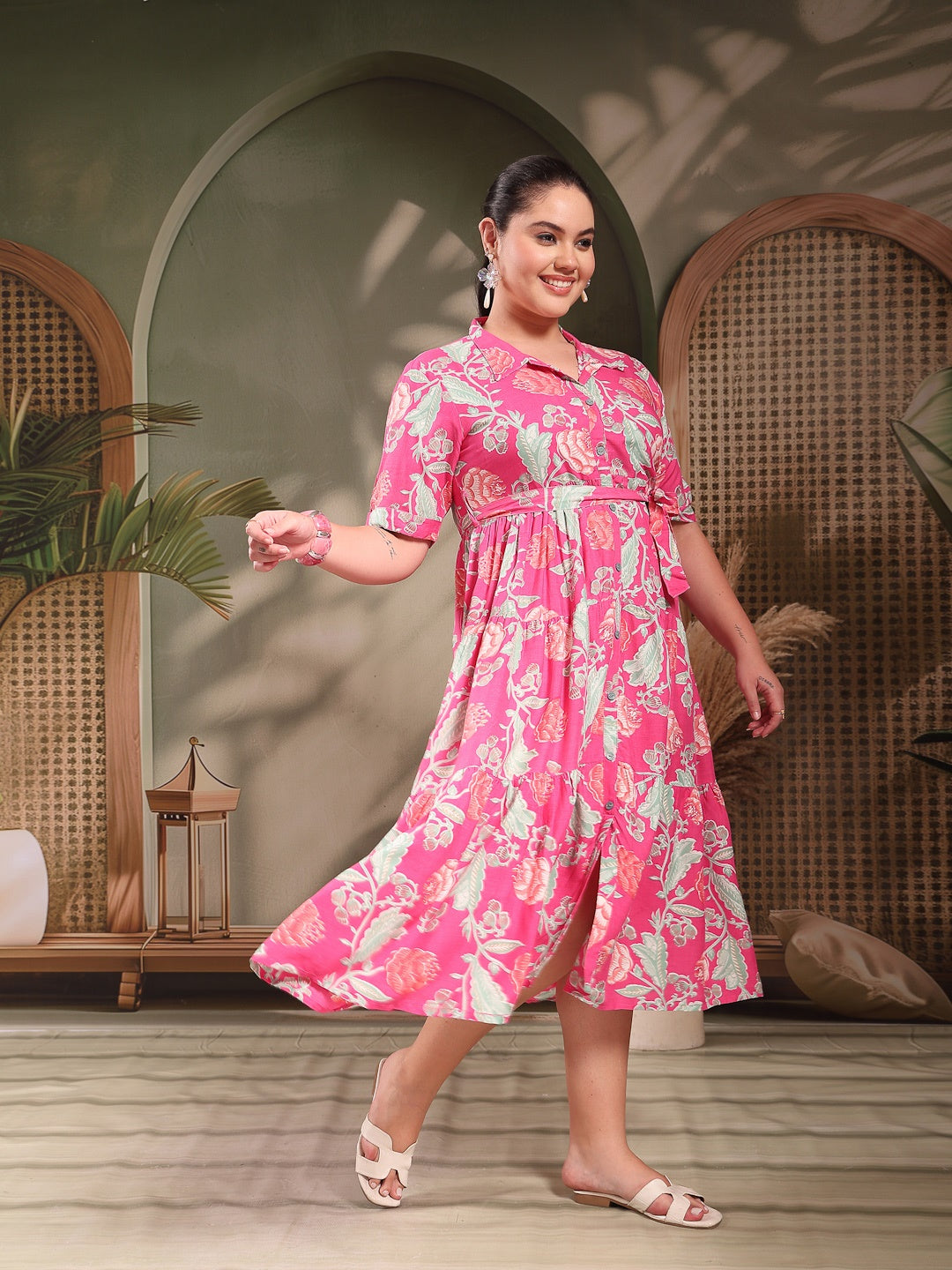 Plus Size Pink Floral Printed Rayon Tiered Dress