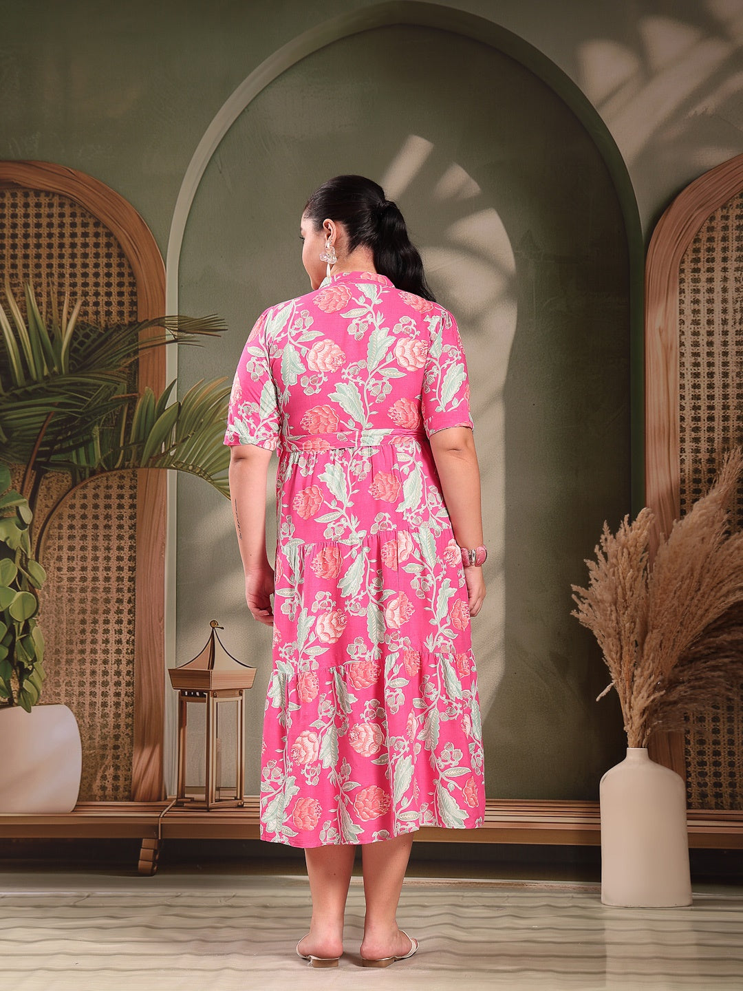 Plus Size Pink Floral Printed Rayon Tiered Dress