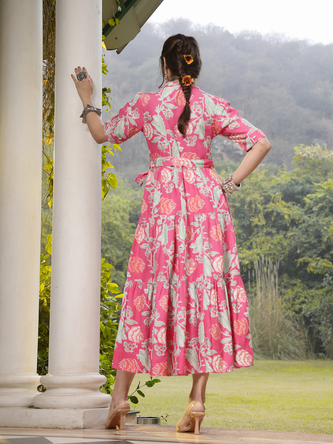 Pink Floral Printed Rayon Tiered Dress (Pre-Order)