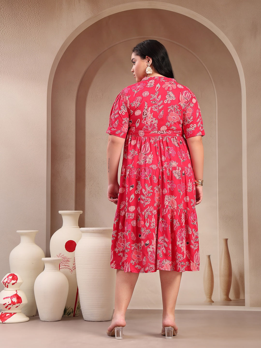 Plus Size Pink Tropical Printed Rayon Tiered Dress (Pre-Order)