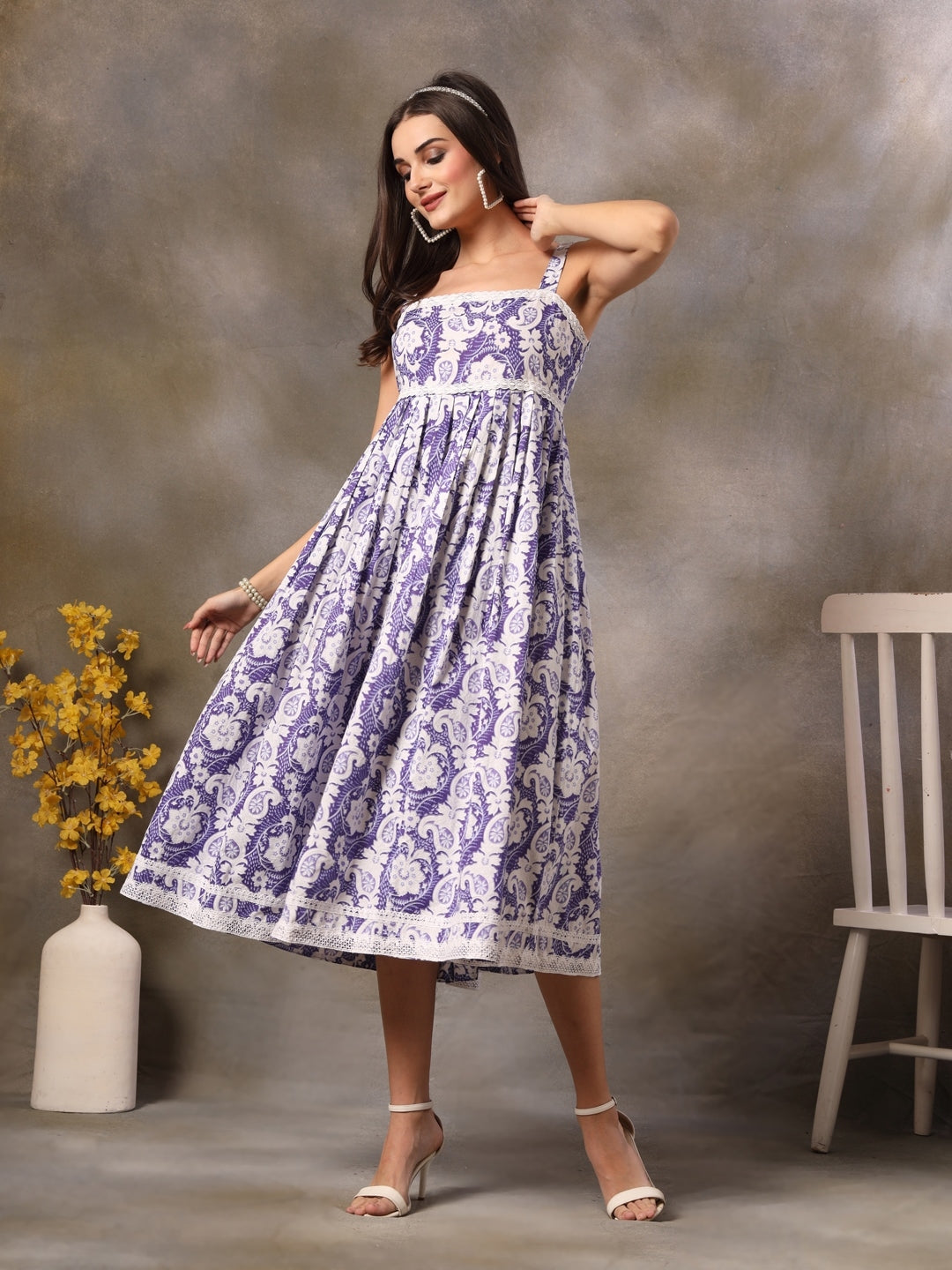 Purple Khadi Floral Printed Rayon Empire Dress (Pre-Order)