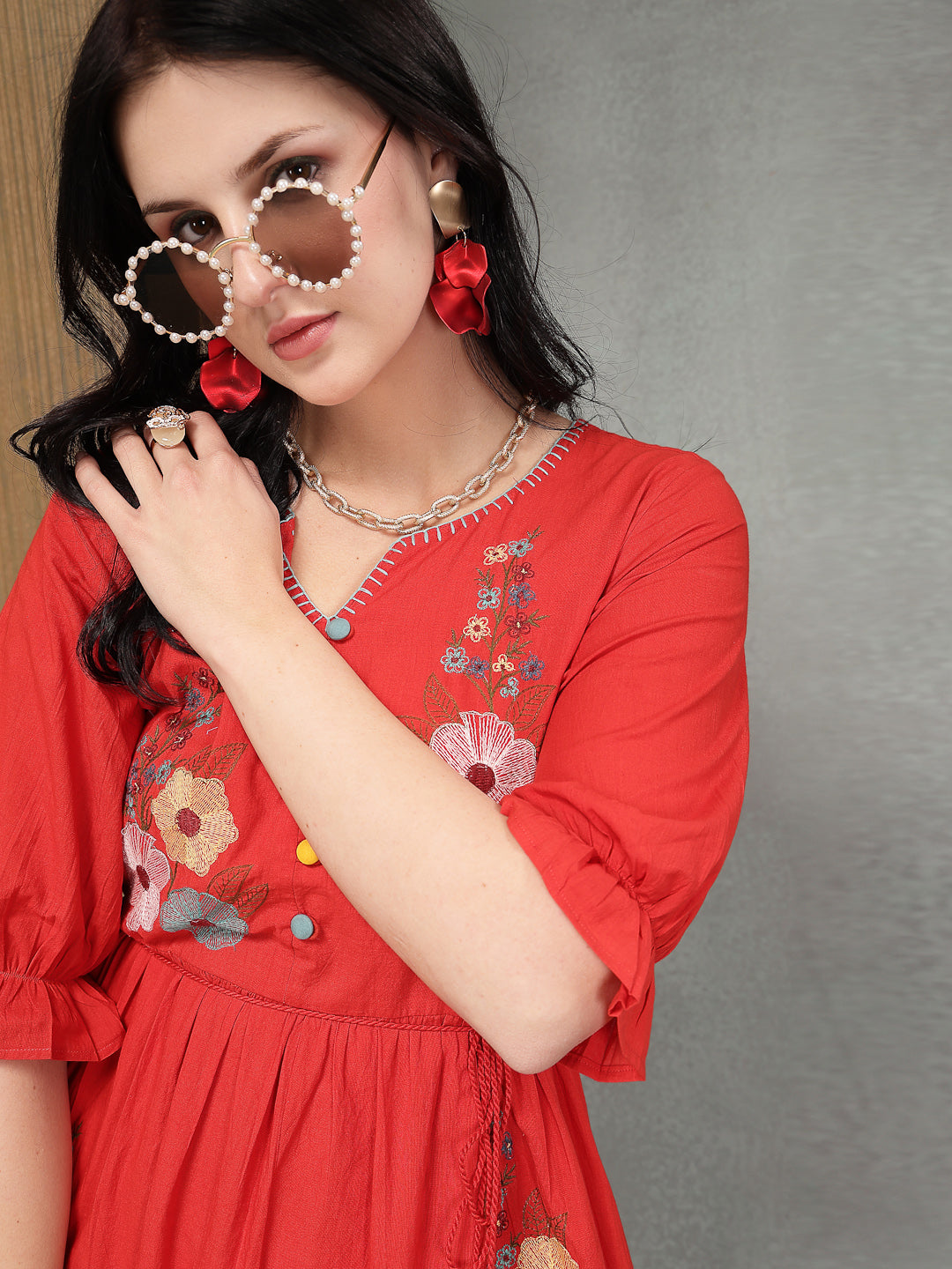 Solid & Embroidered Cotton Tiered Dress